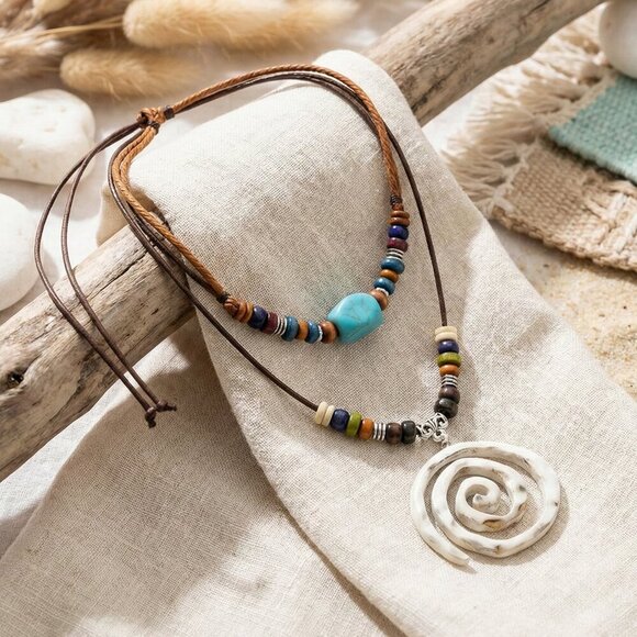 NKULTD Jewelry - Boho Chic Adjustable Multilayer Beaded Necklace with Trendy Spiral Pendant